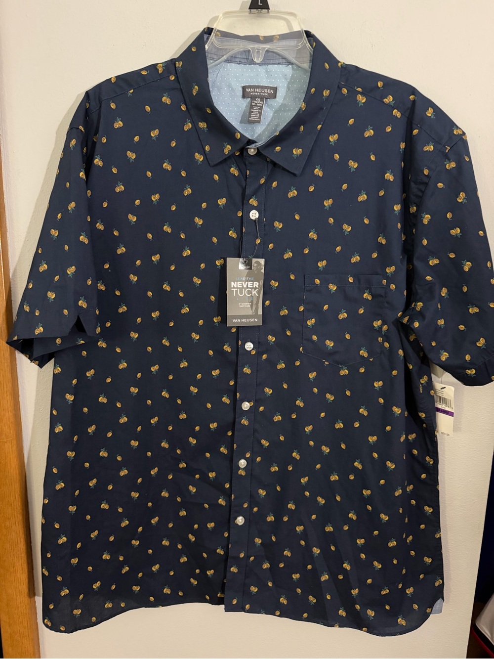 Van Heusen Navy Short-Sleeve Button-Down with Yellow Fruit Print